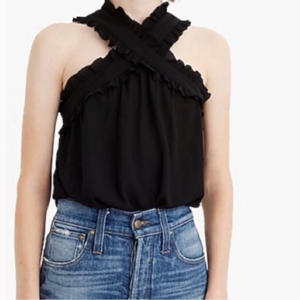 J. Crew Black Ruffled Criss Cross Sleeveless Top, Size 00, NWT